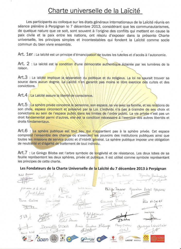 Charte Universelle de la Laïcité signée à Perpignan le 7 décembre 2013